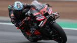 Aprilia Racing team's Italian MotoGP rider Marco Bezzecchi takes part in a practice session of the MotoGP British Grand Prix at Silverstone circuit in Northamptonshire, central England, on May 24, 2025. (Photo by Adrian Dennis / AFP)